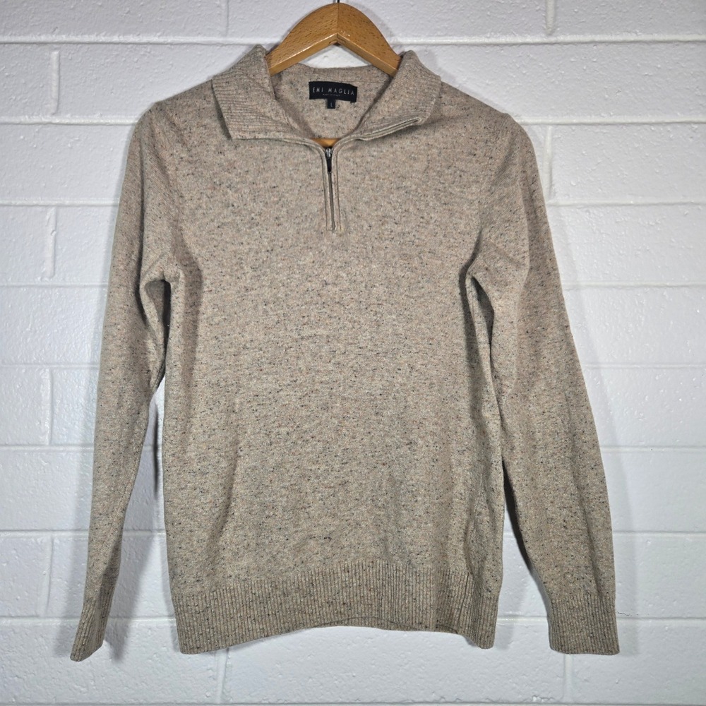 Emi Maglia Quarter Zip Sweater Large Tan Wool Silk Blend Italy Classic Heathered